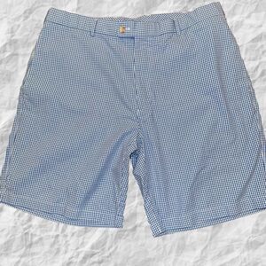 Peter Millar Chino Shorts Mens Size 36X9 Blue White Check Flat Front 100% Cotton